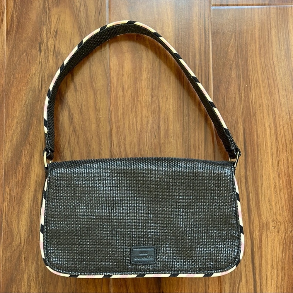 Vtg Lulu Guinness Black Straw Shoulder Bag Pink and Ivory Stripe Piping Strap